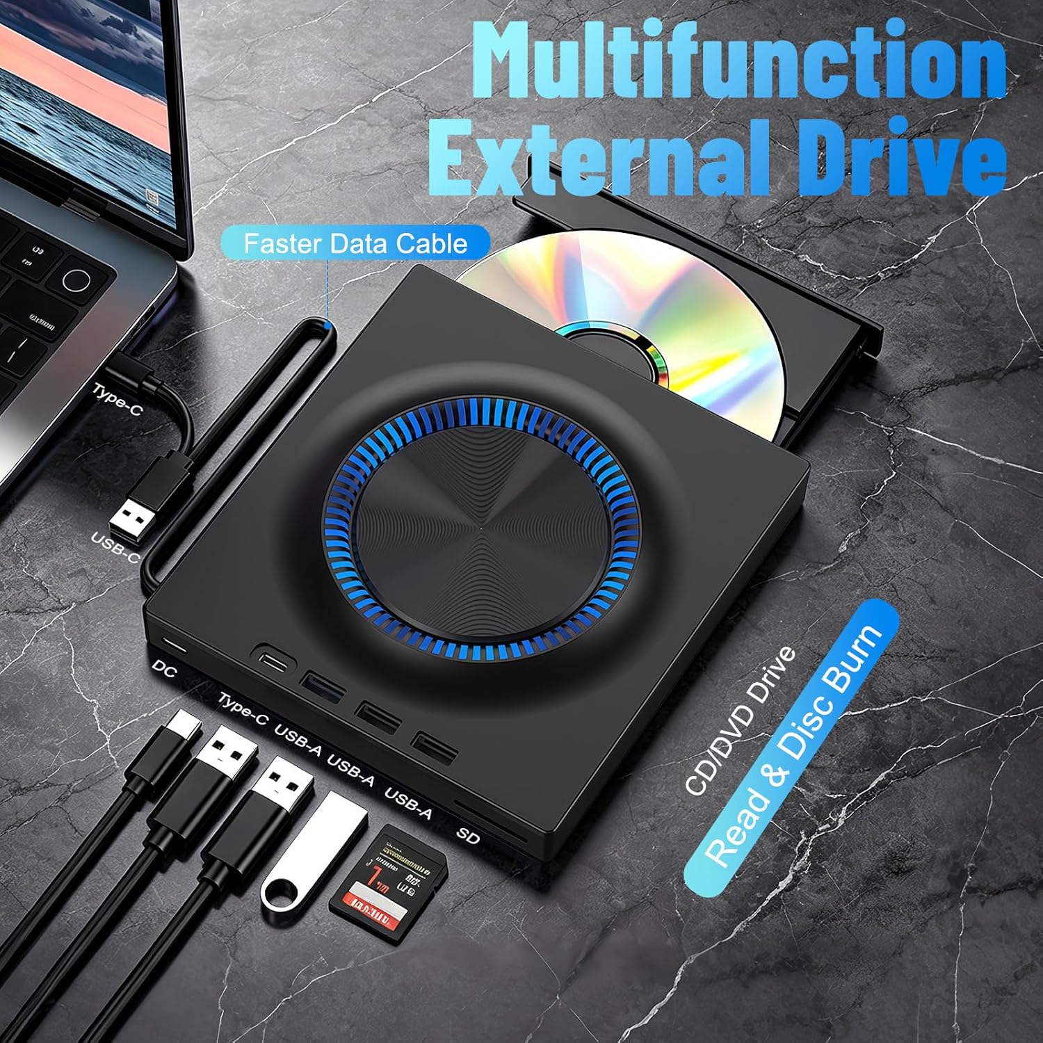 External Blu-ray DVD Drive, 7-in-1 Bluray/DVD/CD Burner With RGB Ambient Light, Portable Ultra-Slim