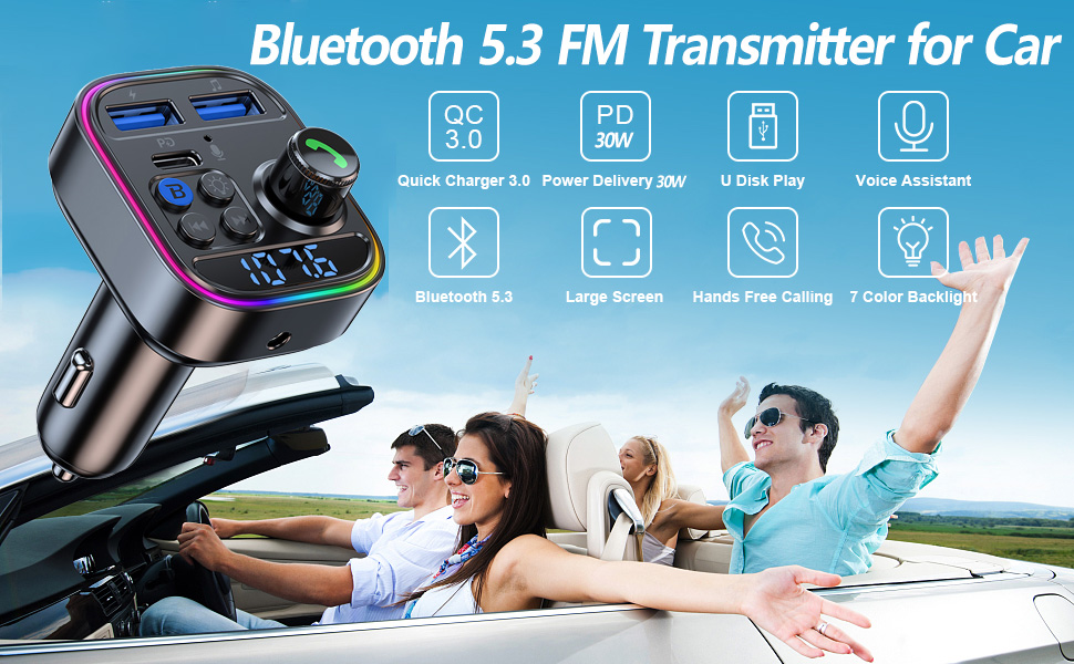 Car Bluetooth 5.3 FM Transmitter Wireless Audio Receiver Car MP3