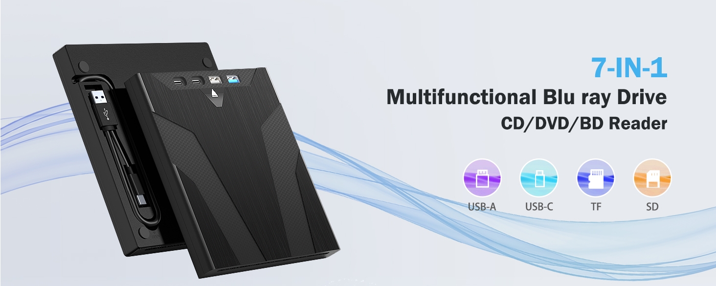 [7 in 1] USB 3.0 External Blu Ray Drive with USB A & USB C and SD/TF Slot Ports, Portable Blu ray Pl