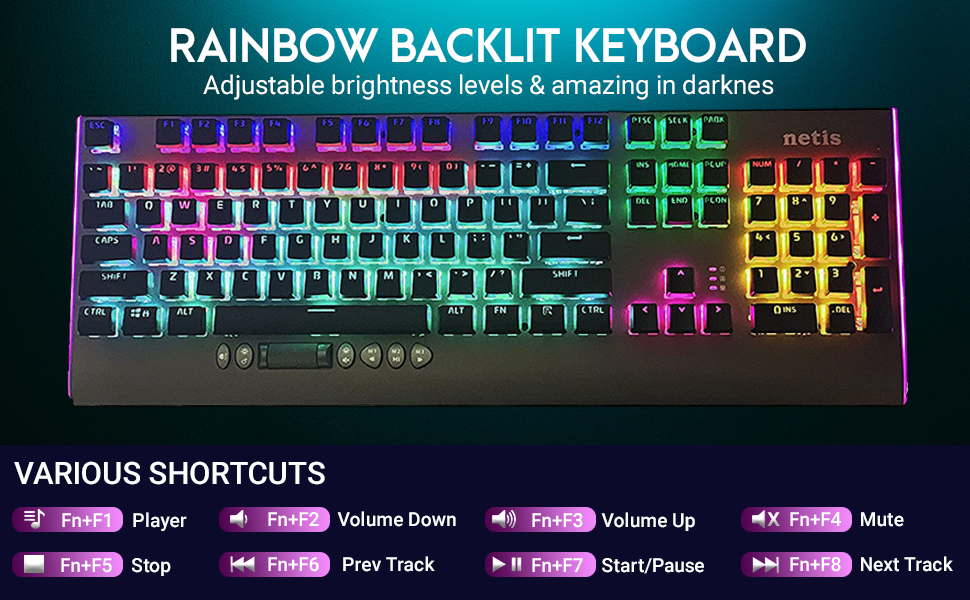 Netis K3101 Wired Mechanical Gaming Keyboard Rainbow Backlit Cherry MX ...