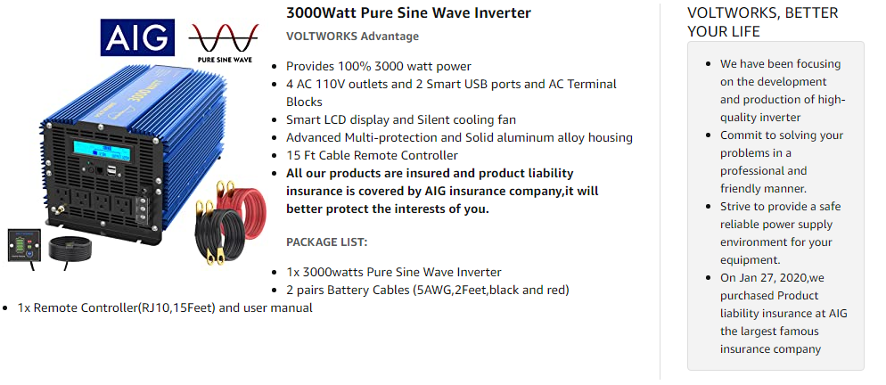 3000 Watt Pure Sine Wave Power Inverter 3000w 12V DC to 110V 120V AC with Remote  Controller  LCD Display AC Outlets Dual 2.4A USB Ports and AC Terminal  Block