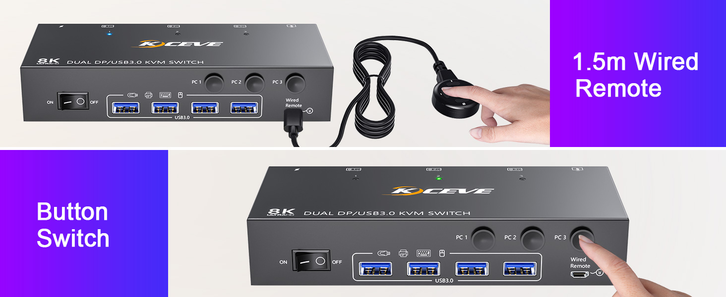 KVM Switch Dual-monitor DisplayPort can use this 1.5m wired control cable or the button on the panel