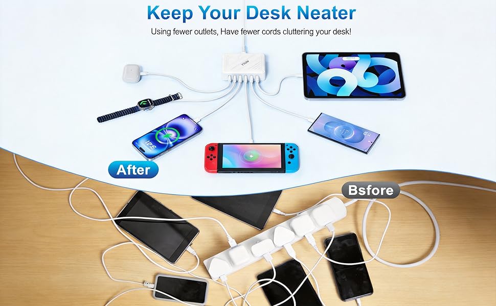 USB C Fast Charger, 120W GaN 6 Port Type C Charging Station for Multiple Devices, USB Hub Block Cube