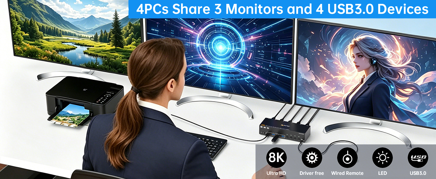 4 computers share 3 monitors and 1 set of keyboard and mouse