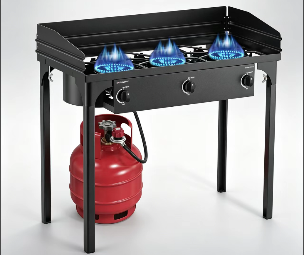 3 burner outdoor propane camping stove, freestanding gas cooker with wind guard connected to propane