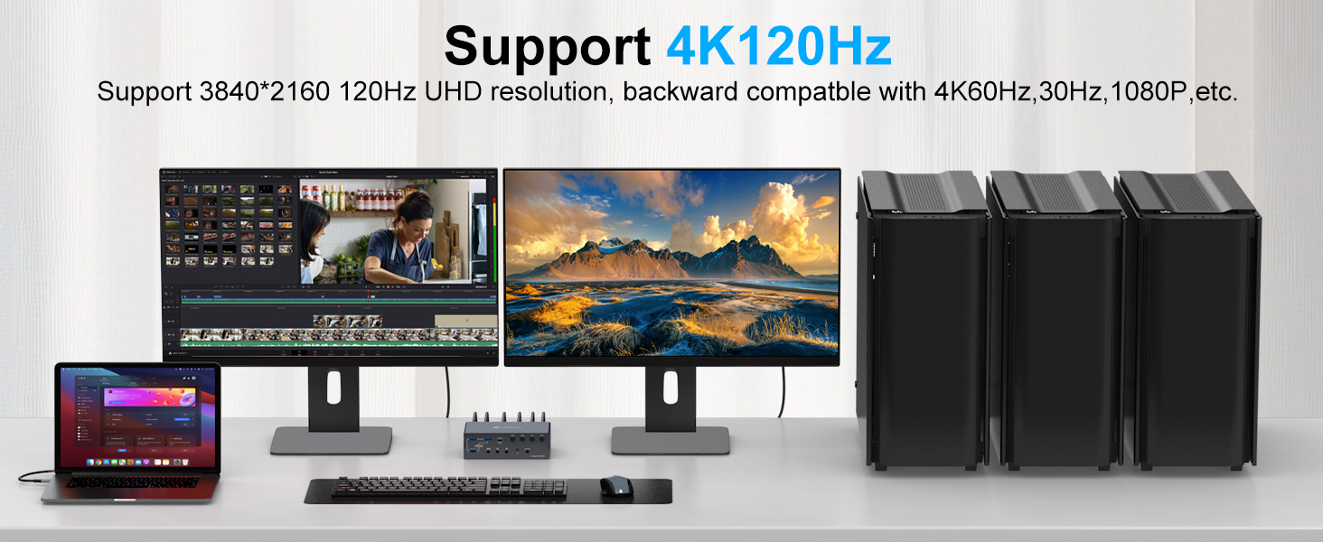 USB C KVM Switch Docking Station 2 Monitors 4 Computers 4K@120Hz Mac Thunderbolt Docking Station Dua