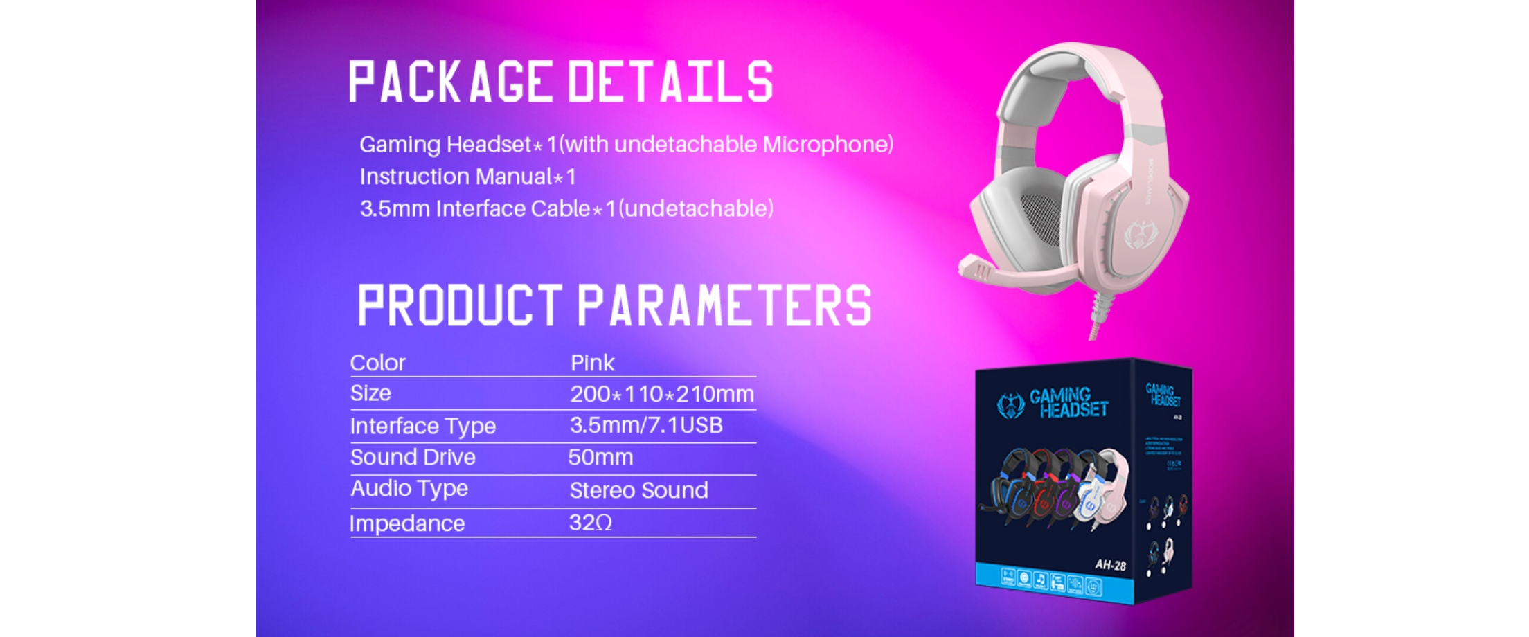 pink gaming headset,package details,product specs