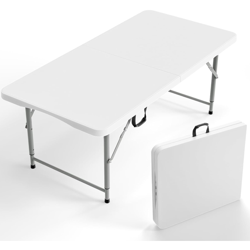 48 inch fold-in-half plastic folding table, white portable table with carry handle, indoor outdoor t