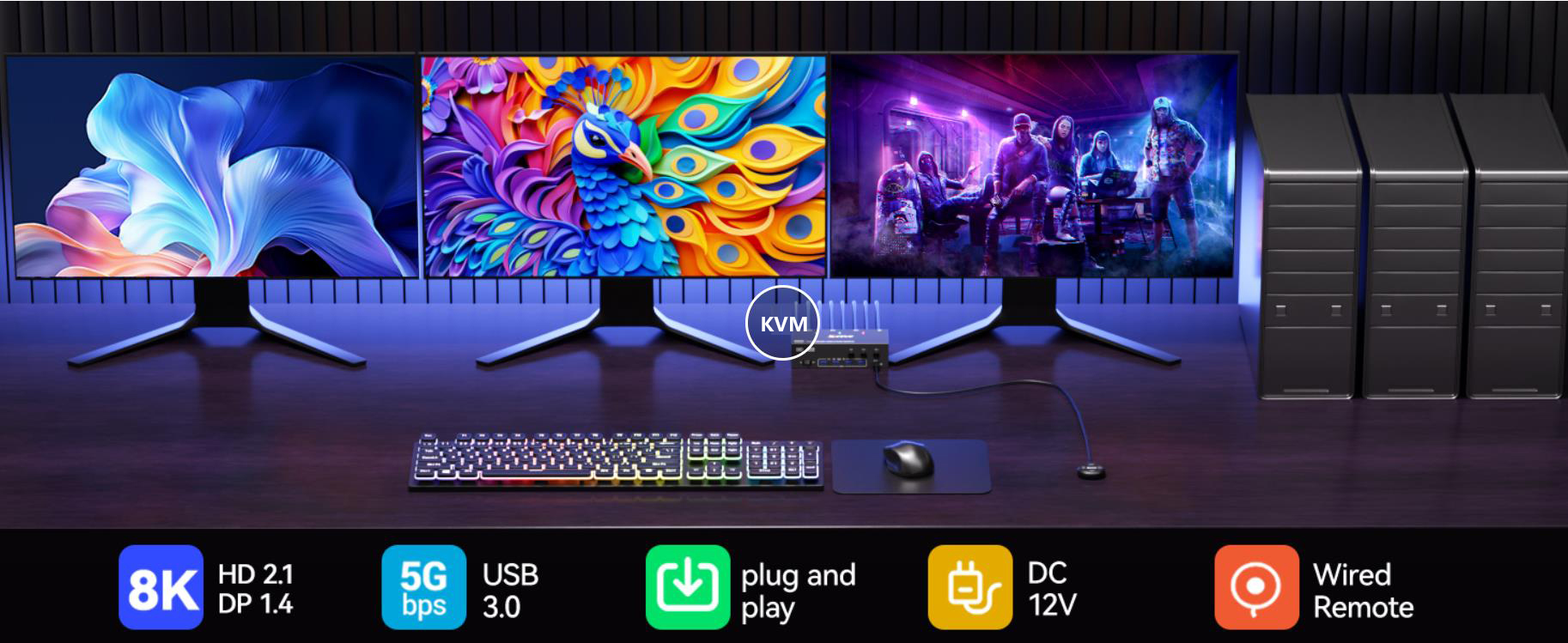 KVM Switch 3 Monitors 3 Computers 8K@60Hz, HDMI + 2 Displayport Triple Monitor KVM Switch,3 Monitor