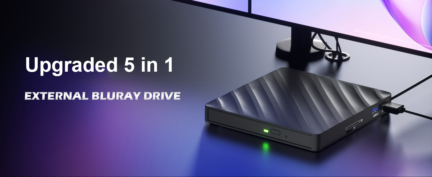 5 in 1 External Bluray Drive, USB 3.0 Type-C Slim Optical External Blu-ray DVD Burner with SD/TF Car