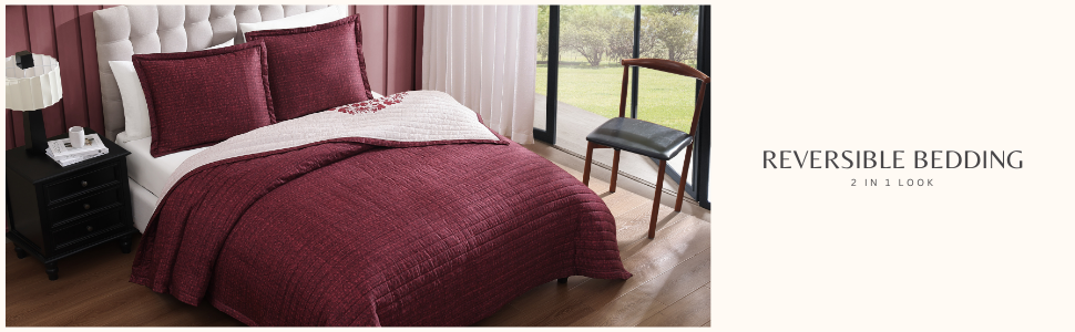 Bebejan Rosewood Harmony 100% Cotton Sateen 3 Piece Reversible Quilted Coverlet Set