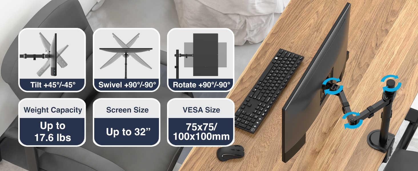 eco single monitor arm, spring-assisted desk mount, budget VESA screen mount, affordable ergonomic