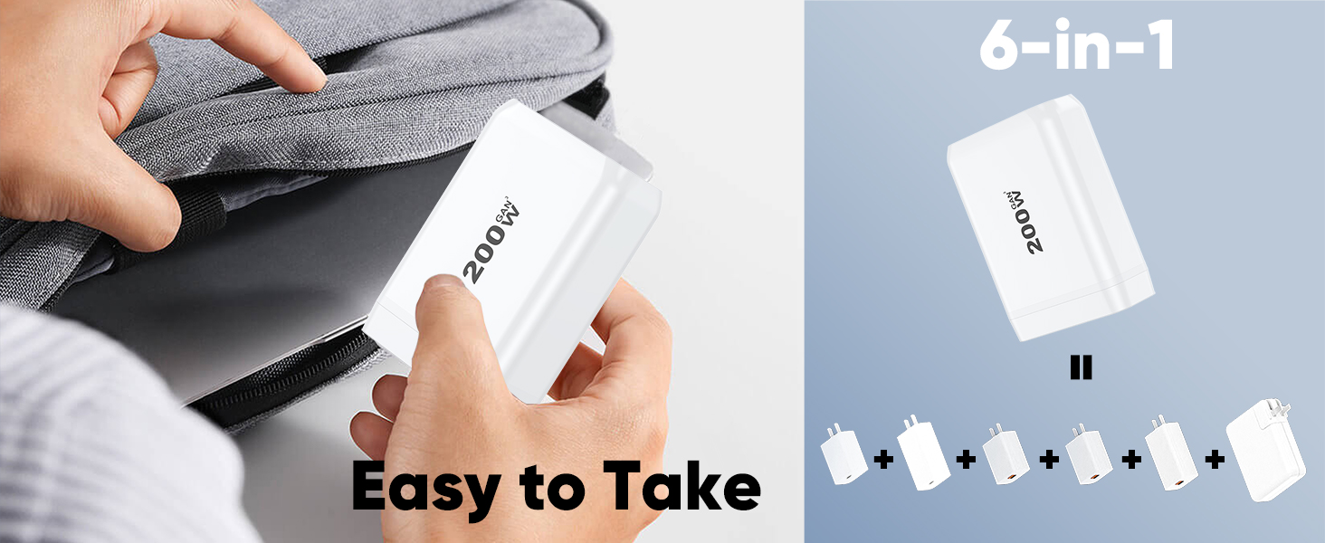 200W USB C Charger Block Multiple Ports, GaN III USB Charging Station 6 Ports Charging Hub