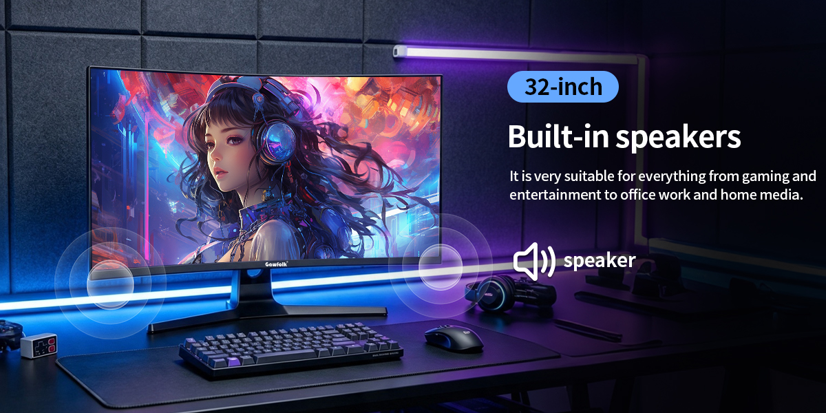32 inch curved monitor with built-in speakers. No extra speakers required. Perfect for gaming, enter