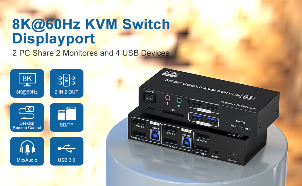 8K@60Hz Displayport KVM Switch 2 Monitors 2 Computers, 4K@120Hz USB 3.0 DP KVM Switch with Audio Mic