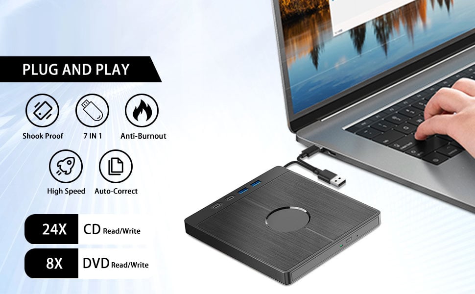 7 in 1 External CD DVD Drive USB 3.0 & Type-C Portable DVD Burner