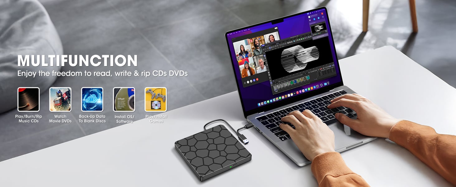 External CD DVD Drive, USB 3.0 Type-C External CD/DVD Optical Drive, Portable CD/DVD Player Burner R