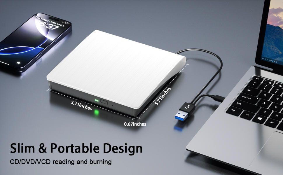 External CD/DVD Drive for Laptop PC, Portable CD DVD Player USB 3.0 & Type C Portable Optical Drive