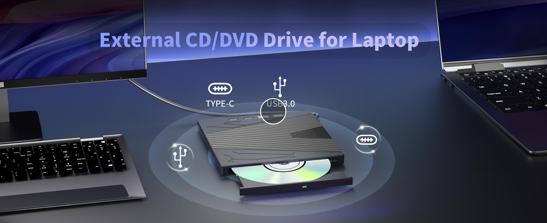 External CD/DVD Drive for Laptop, 7-in-1 DVD Player for Laptop USB 3.0 & Type-C Portable CD DVD Burn