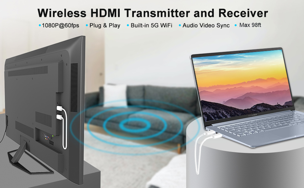 Wireless HDMI Transmitter and Receiver Kit, HDMI Wireless Extender Adapter,  1080P 60fps Video Audio Projecting for