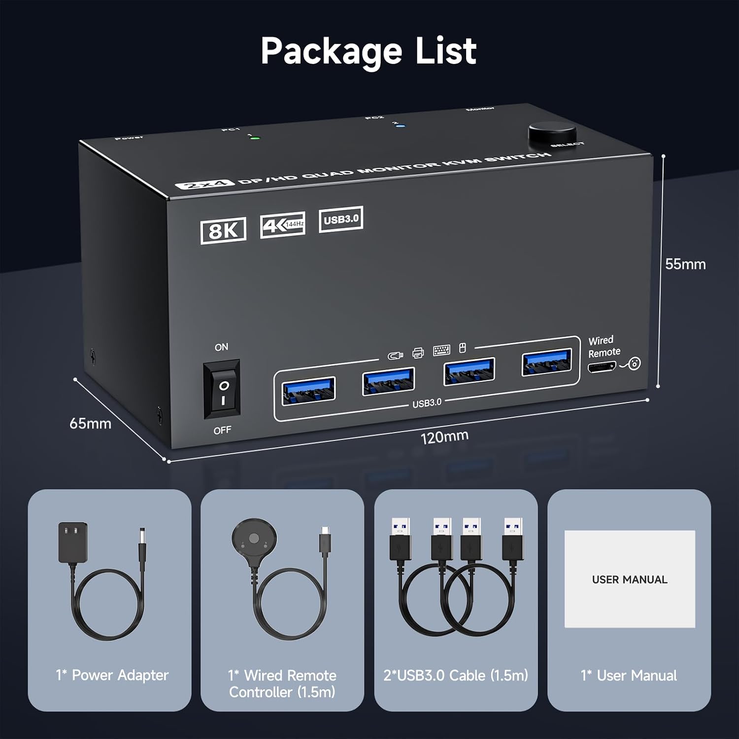 2 HD-MI + 2 DP Quad Monitor KVM Switch 4 Monitors 2 Computers 2K144Hz/4K@120Hz,4 Monitors KVM Switch