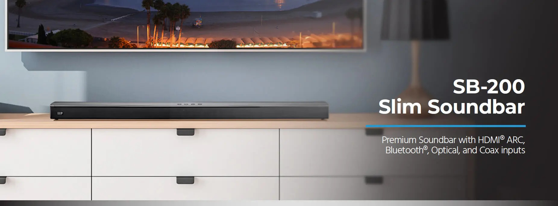 Premium Slim Soundbar with HDMI ARC, Bluetooth, Optical, and Coax Inputs