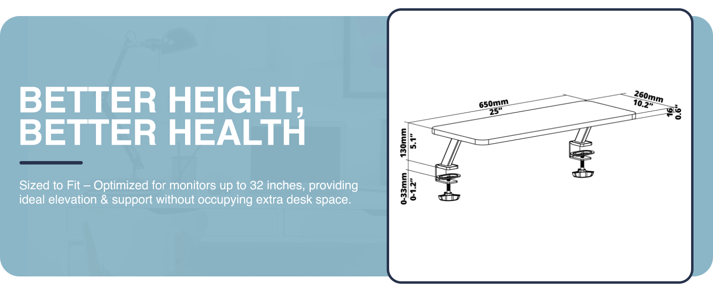 monitor riser, desk shelf, monitor stand, clamp-on shelf, ergonomic riser, space-saving shelf