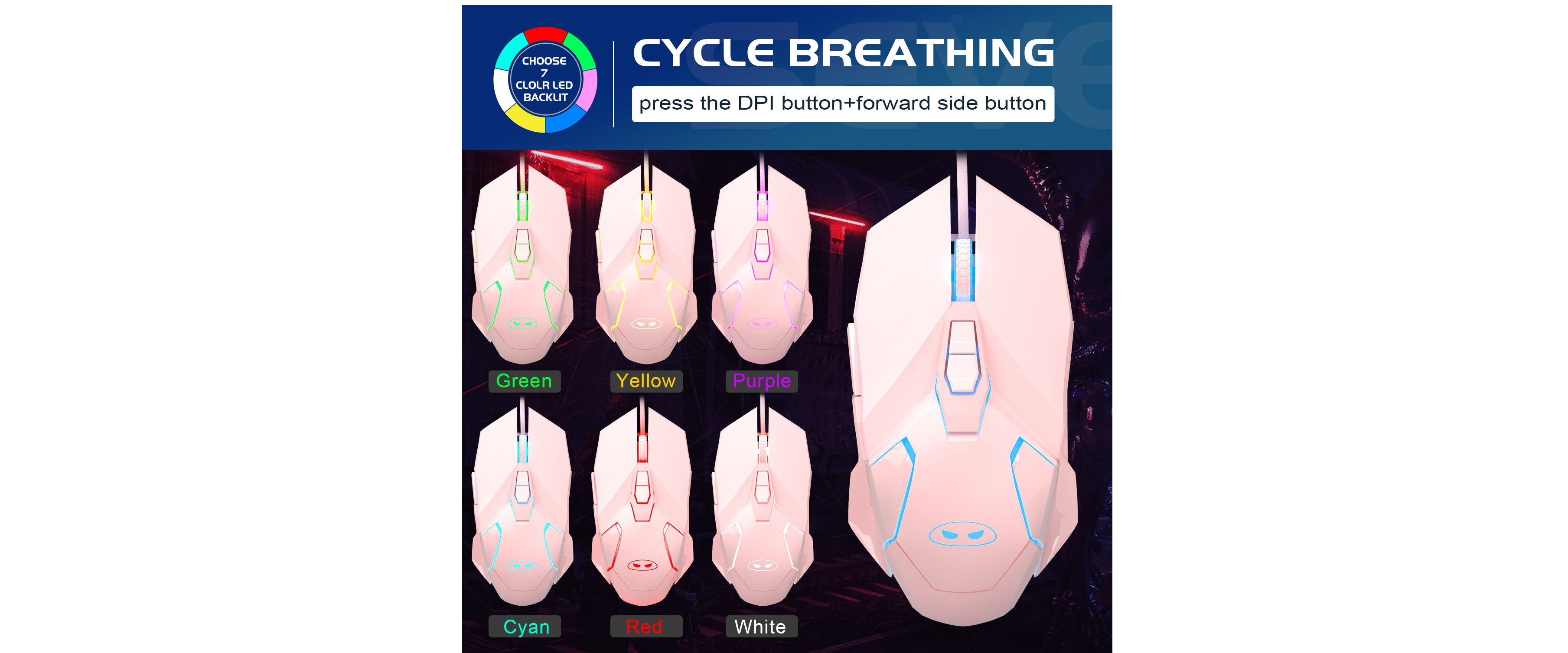 EACH pink gaming mouse, 7 color cycle breathing LED, multiple RGB light modes