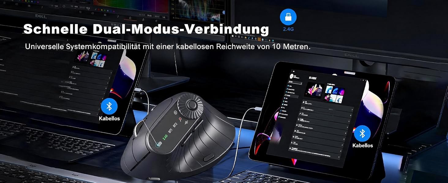 Wireless 2.4G & Dual Bluetooth Three Channel Ergonomic Vertical Mouse - Adjustable DPI Multifunction
