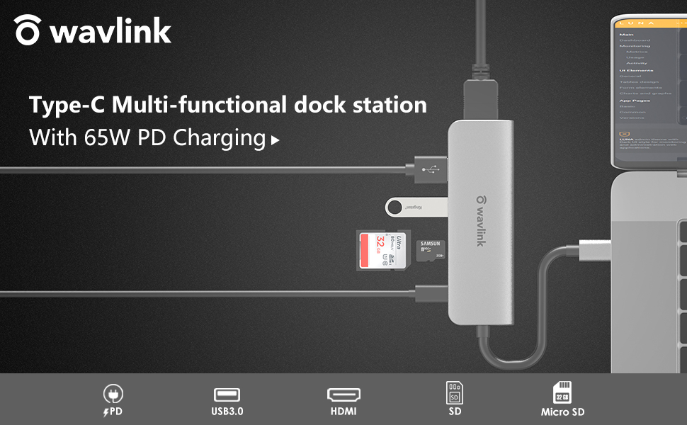 Wavlink USB C Hub, 6-Port USB 3.0 Hub Powered 65W Charging, Mini USB C Hub  3.0 for Laptop with 10.5cm Cable, 2xUSB 3.0, 1xUSB C, 1xHDMI, 1xSD/TF Card