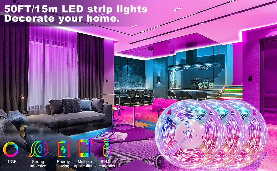 50ft/15M LED Strip Lights, HRDJ RGB LED Light Strip Music Sync RGB LED Strip ,5050