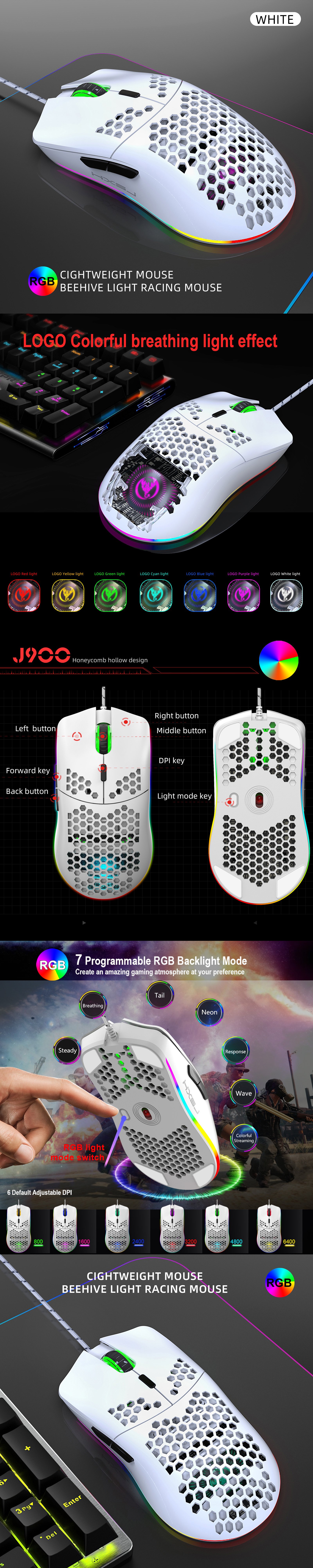 TROPRO Programmable RGB Gaming Mouse, 6 DPI (1000/1600/2400/3200/4800/6400)  96g Ultra Lightweight Honeycomb Optical LED Wired Mouse with Programmable 6  Keys RGB Marquee Effect Light 