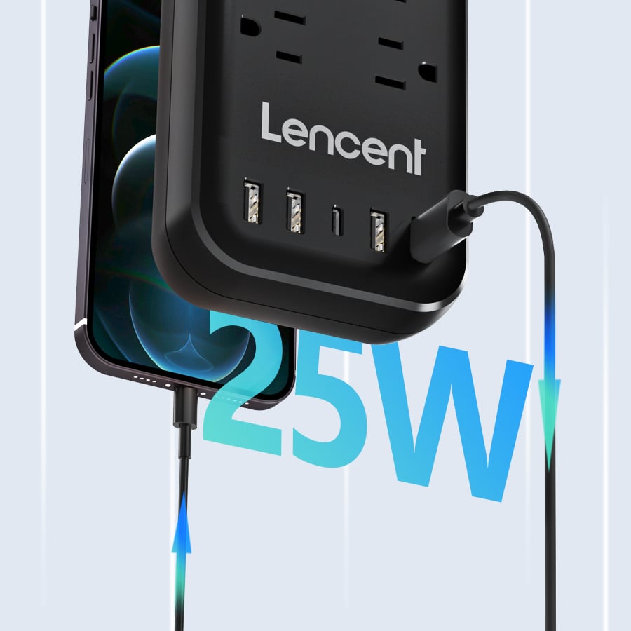 LENCENT Extension Lead with USB C Port, 3250W 13A, 6 Way Outlets Power  Strip with 1