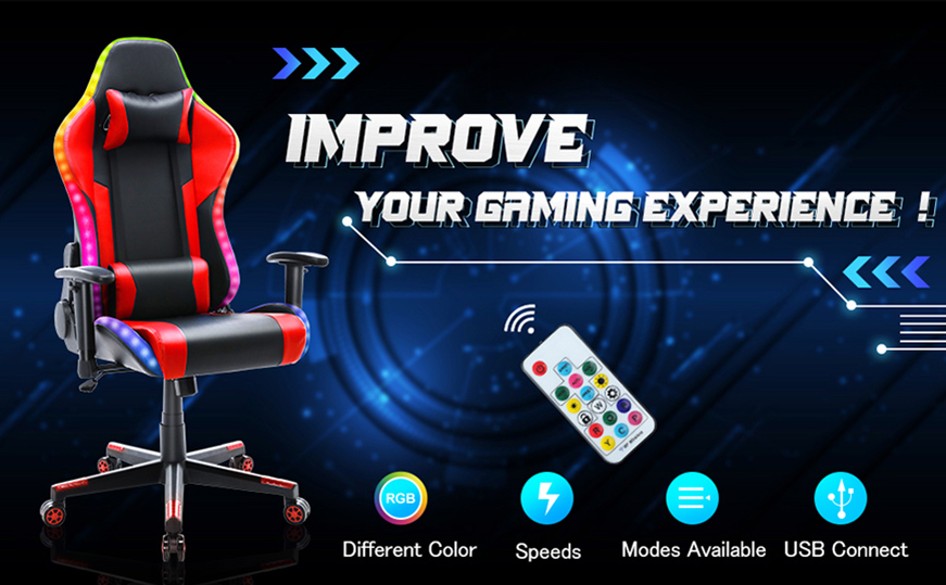 Adjustable Swivel Gaming Chair with LED Lights and Remote-Red - Color: Red