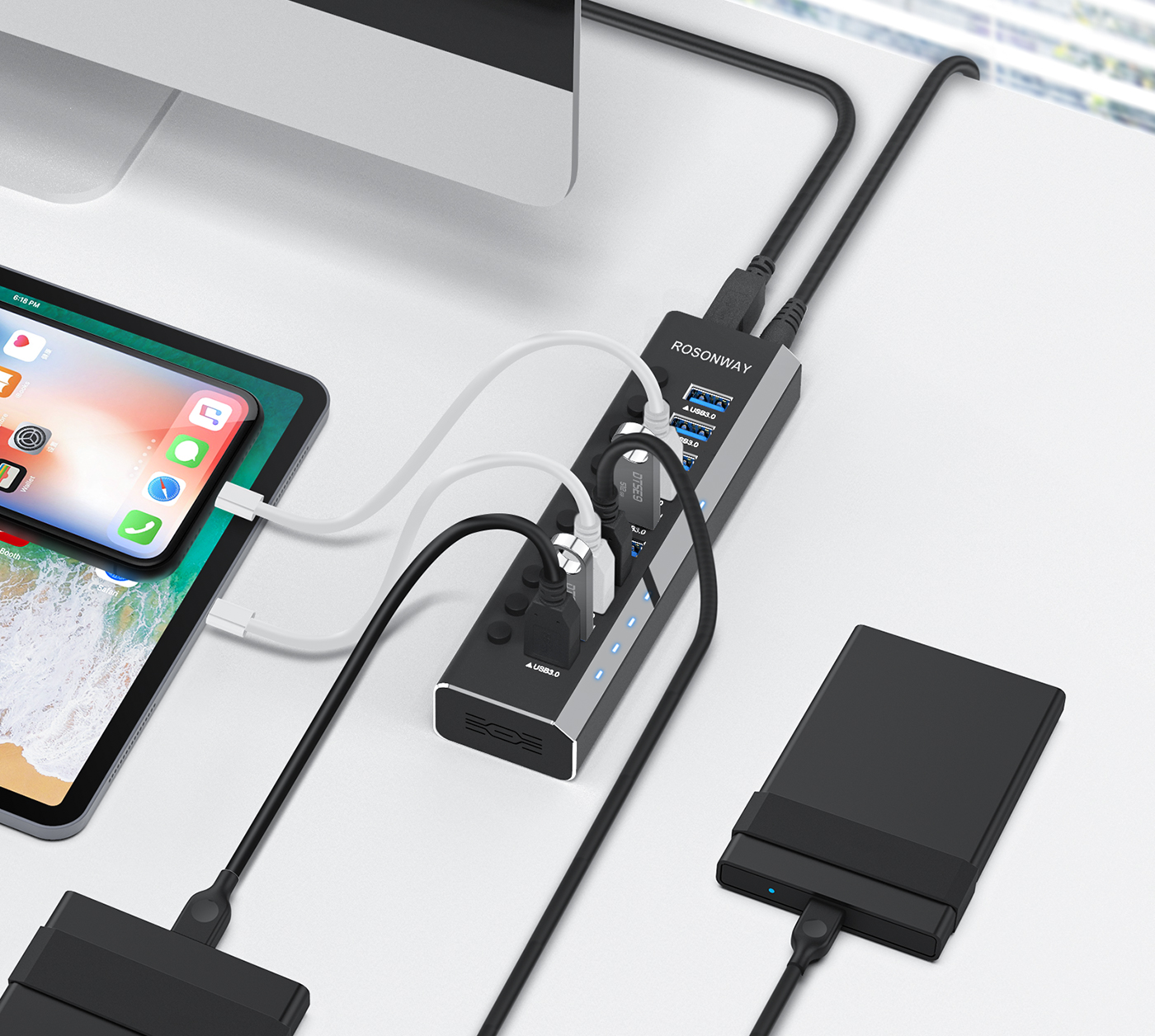Powered USB Hub, Rosonway Aluminum 10 Port USB 3.0 Data Hub with 36W ...