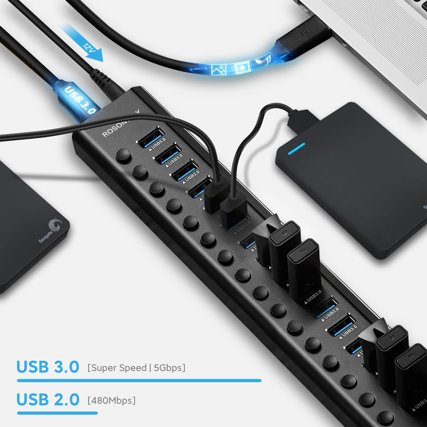 Rosonway USB Hub 3.0 Powered Aluminum 7 Ports USB 3.0 Data Hub Splitter  with 24W (12V/2A) Power Adapter and Individual On/Off Switches USB Port