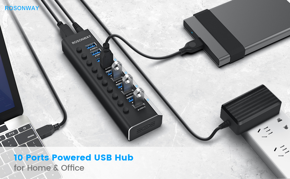 Powered USB Hub, Rosonway Aluminum 10 Port USB 3.0 Data Hub with 36W ...