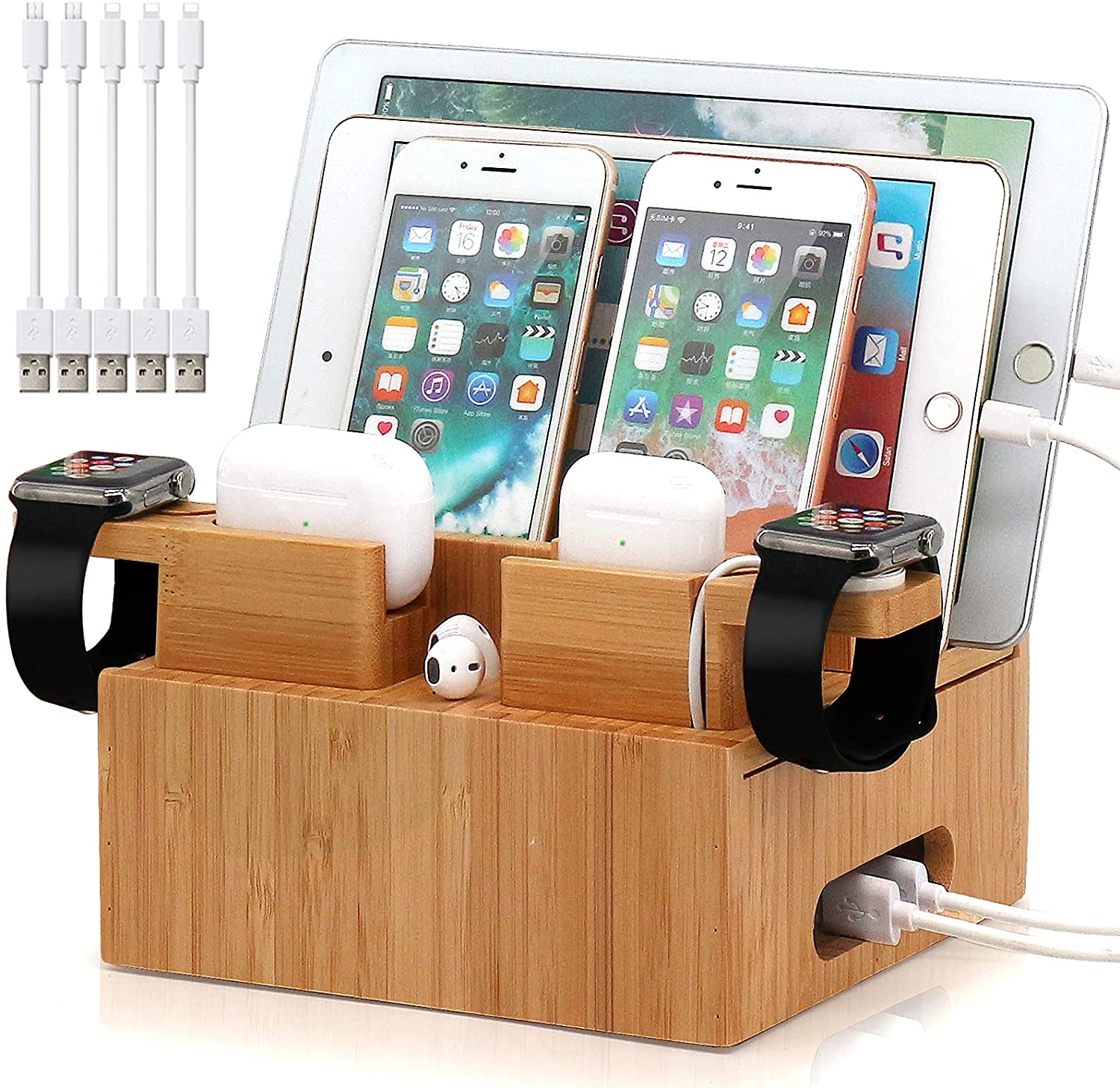 Pezin ＆ Hulin Bamboo Charging Station for Multiple Devices, Office Desktop Organizer for Phones, Tablet, Wooden Docking Stations (Include Power Charg