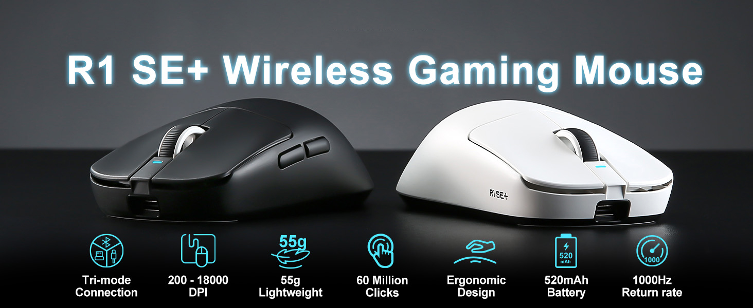 Wireless Gaming Mouse, 18000 DPI, High-Precision PAW3395 SE Sensor,55g Lightweight, Tri-Mode 2.4G/BT
