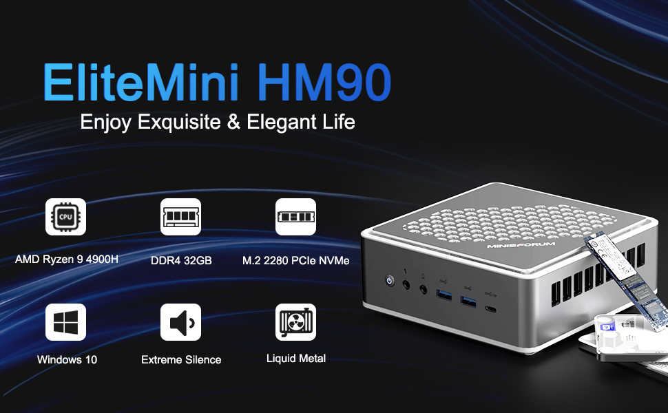 MINISFORUM Windows 11 Elitemini HM90 Mini PC AMD Ryzen 9 4900H Desktop  Computer, DDR4 16+512GB SSD, HDMI/DP/USB-C 4K@60Hz Output, 2X RJ45