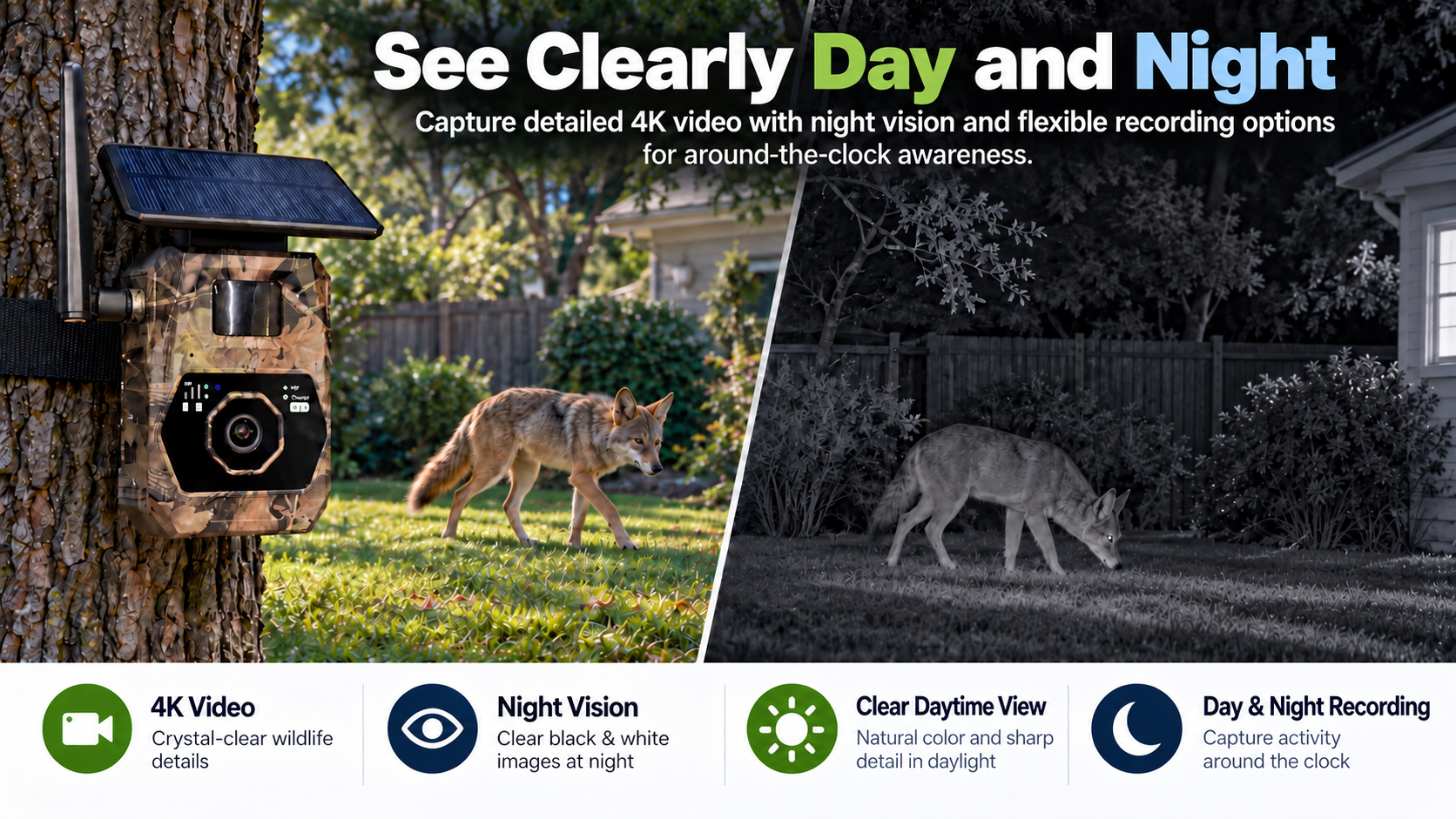 4K Backyard Camera, Night Vision, Day & Night Recording, Wildlife Monitoring, Outdoor Security