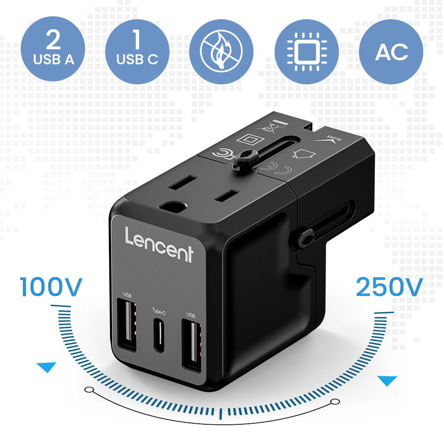 LENCENT International Travel Power Adapter,Mini All-in-One Charger, 2.4A  USB, 3.0A Type-C Wall Charger, European Plug Adaptor, Universal Outlet