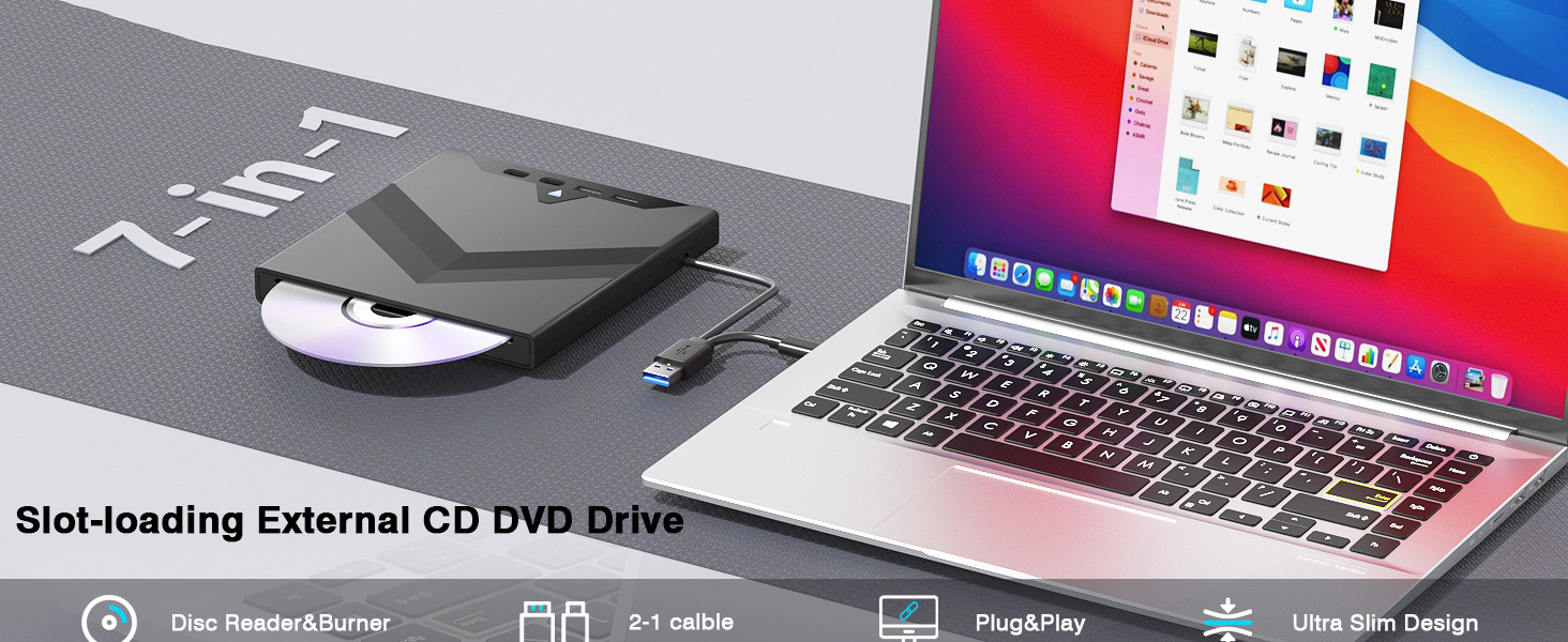 7-in-1 External CD/DVD Drive, with USB A, USB-C and SD/TF Card Slots, USB 3.0 & Type C CD/DVD Player
