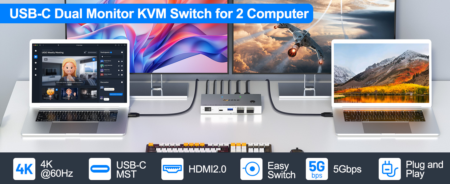 USB C KVM Switch 2 Monitors 2 Laptops 4K 1080P@60Hz