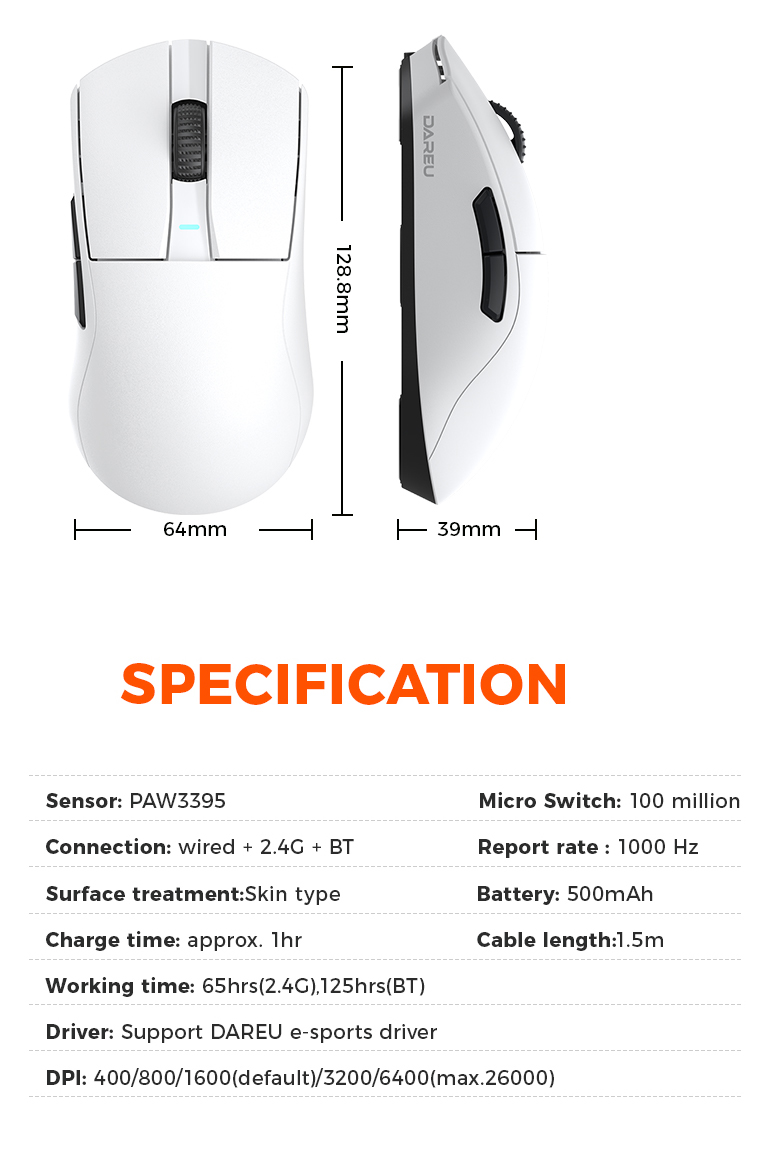 DAREU A950GM Wireless Gaming Mouse - White