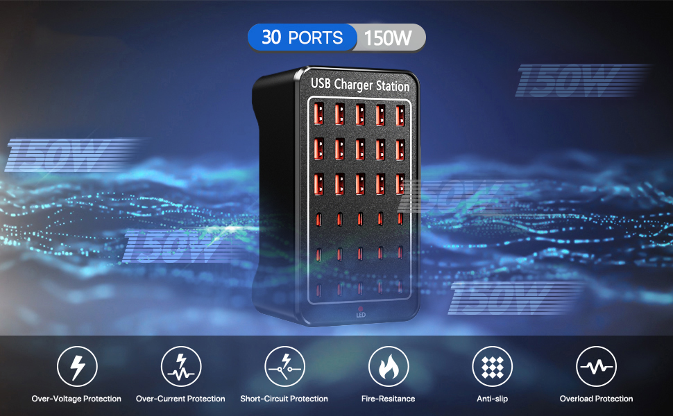30-Port 150 watt (20 A) 15 Port USB C+ 15 Port USB A Charging Station Charging Block  150W USB A an