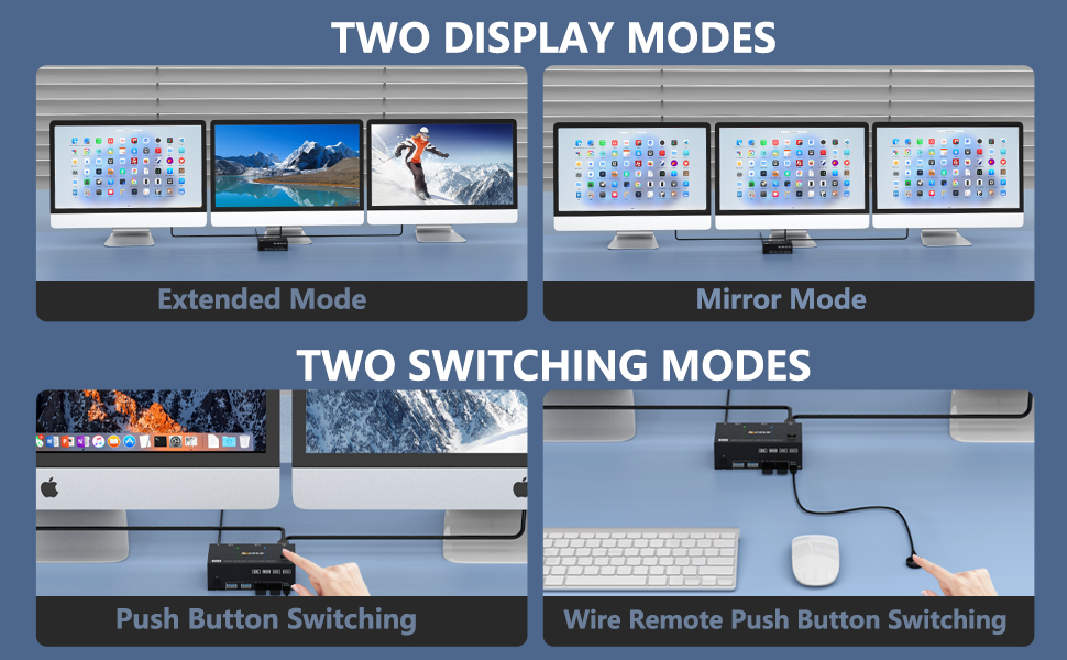 KVM switches support two display modes and two switching modes