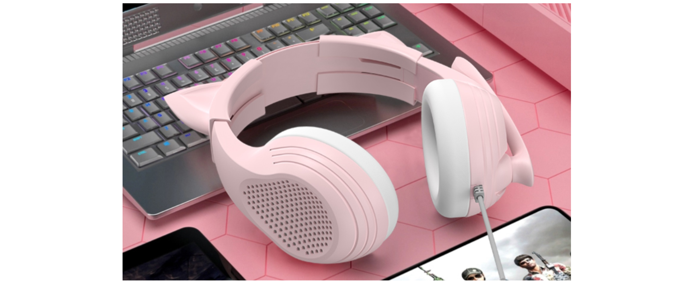 INMISS pink cat ear over-ear headset, gaming setup, multi-scene use