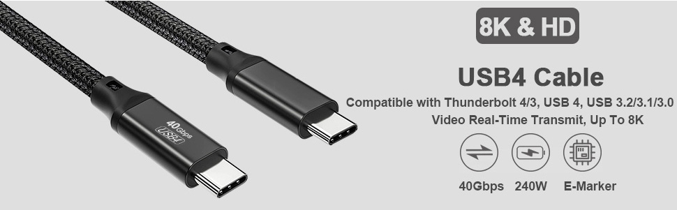 USB C to USB C Cable 1.65ft./0.5M, Braided USB 4 Cable, 8K HD Display, 40 Gbps Data Transfer, 240W U