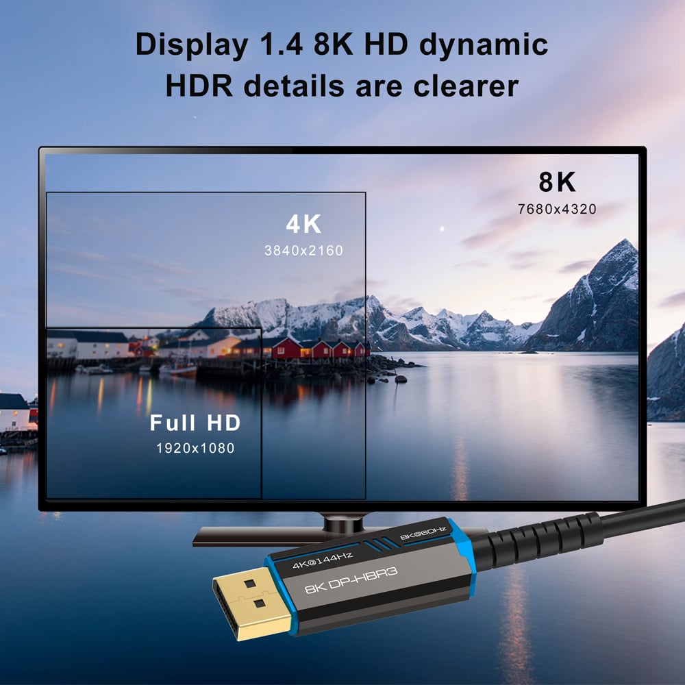 50ft (15m) DisplayPort Active Optical Cable (AOC) - 8K 60Hz/4K 120Hz Video  - Fiber Optic DisplayPort 1.4 Cable - HDR10 HBR3 - Long Ultra HD DP to DP